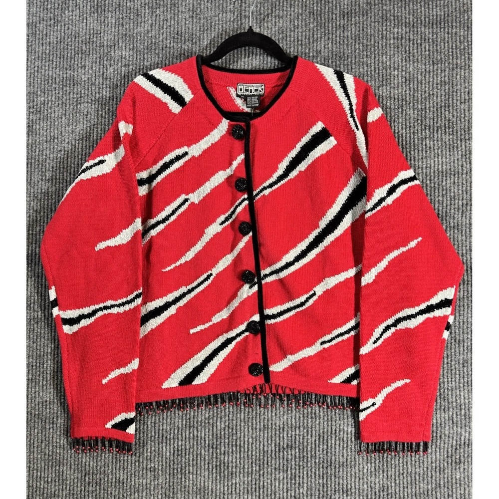 VTG Berek Beaded Fringe Cardigan Sweater XL -Red Black Gray Zebra Stripe NOS NWT